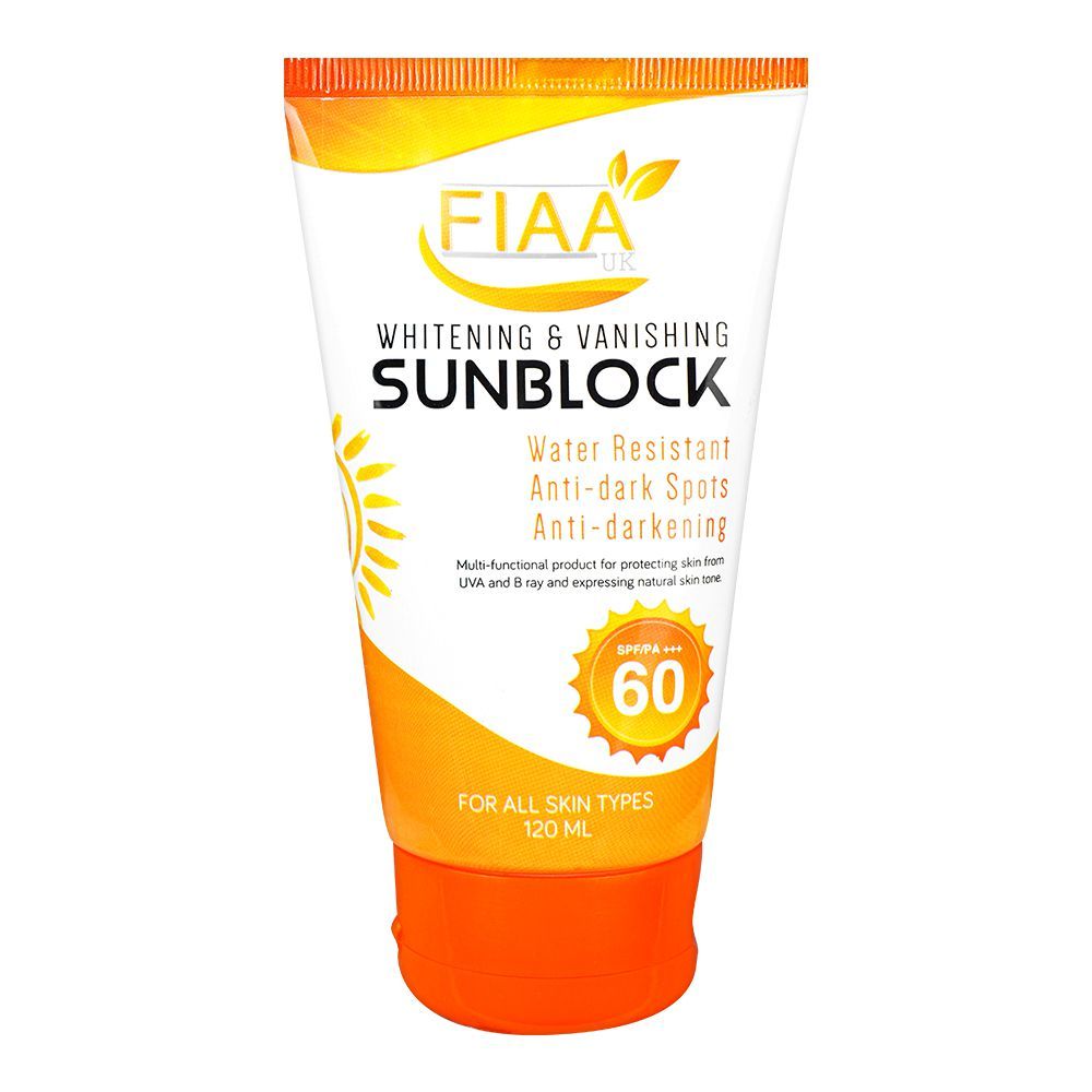 FIAA Whitening & Vanishing Sunblock, SPF60, PA+++, Water Resistant Sunscreen, For All Skin Types, 120ml - Front View