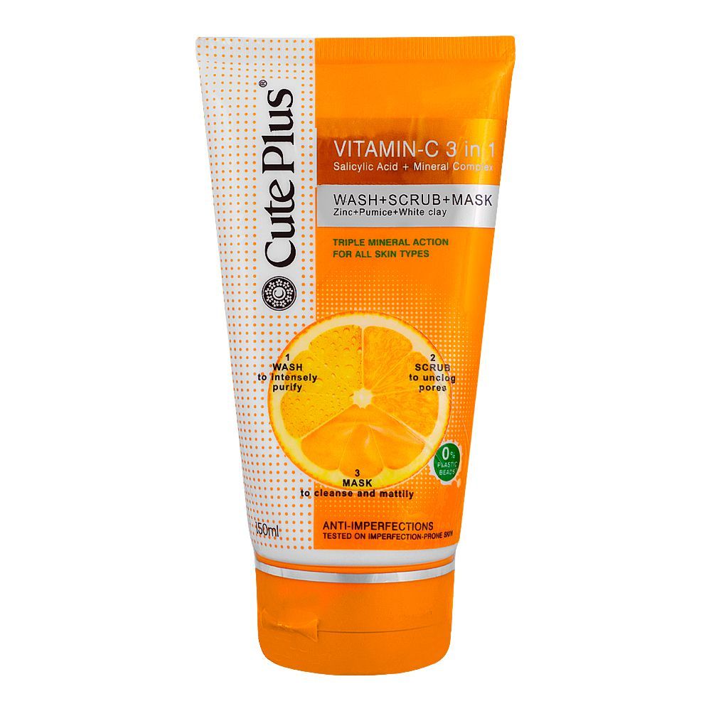 Cute Plus Vitamin-C 3in1 Wash+Scrub+Mask, Salicylic Acid + Mineral Complex, For All Skin Types, 150ml - Front View