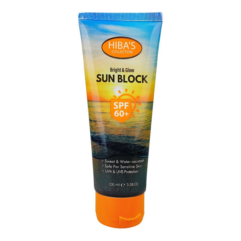 Hiba's Bright & Glow Sun Block, UVA+UVB Protection, Sweat & Water-Resistant, SPF-60+, 100ml - Front View