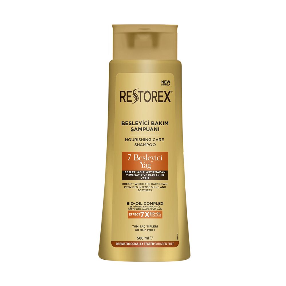 Restorex 7 Nourishing Oils Nourishing Care Shampoo, For Dry, Normal and Damaged Hair, Paraben Free, 500ml - Front View