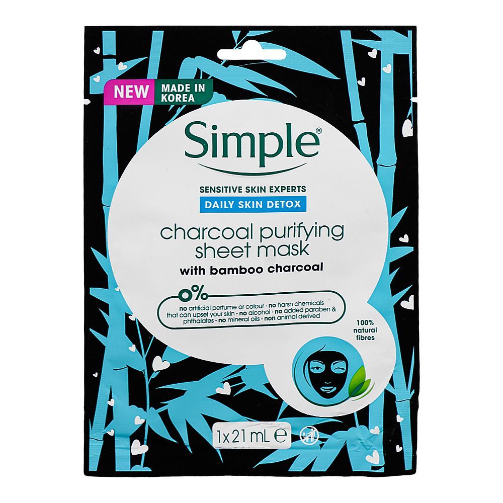 Simple Sensitive Skin Experts Bamboo Charcoal+Zinc Purifying Sheet Mask, 21ml - Front View