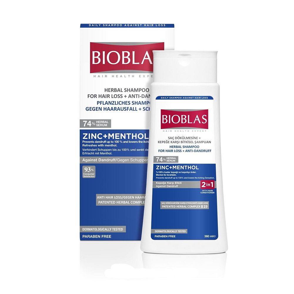 Bioblas Zinc+Menthol Hair Loss and Anti-Dandruff Herbal Shampoo, 360ml - Front View
