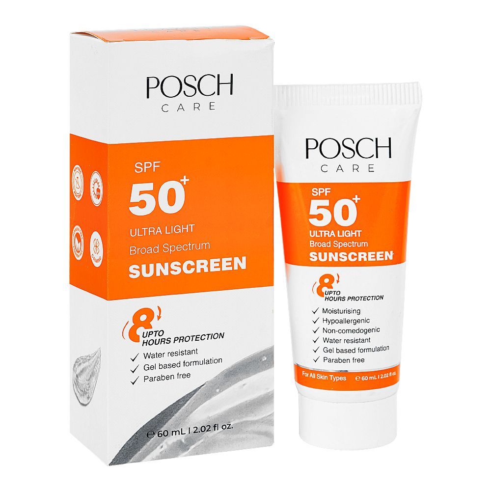 Posch Care Ultra Light Broad Spectrum Sunscreen, Paraben Free, Water Resistant, SPF50+, 60ml - Front View