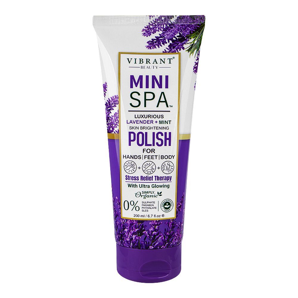 Vibrant Beauty Mini SPA Luxurious Lavender+Mint Skin Brightening Polish, 200ml - Front View