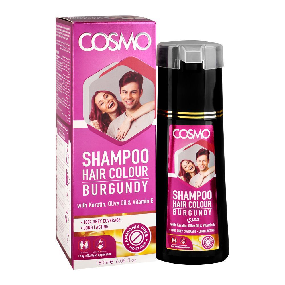 Cosmo Hair Color Shampoo, Ammonia Free, No Stains, Burgundy, 180ml - Front View