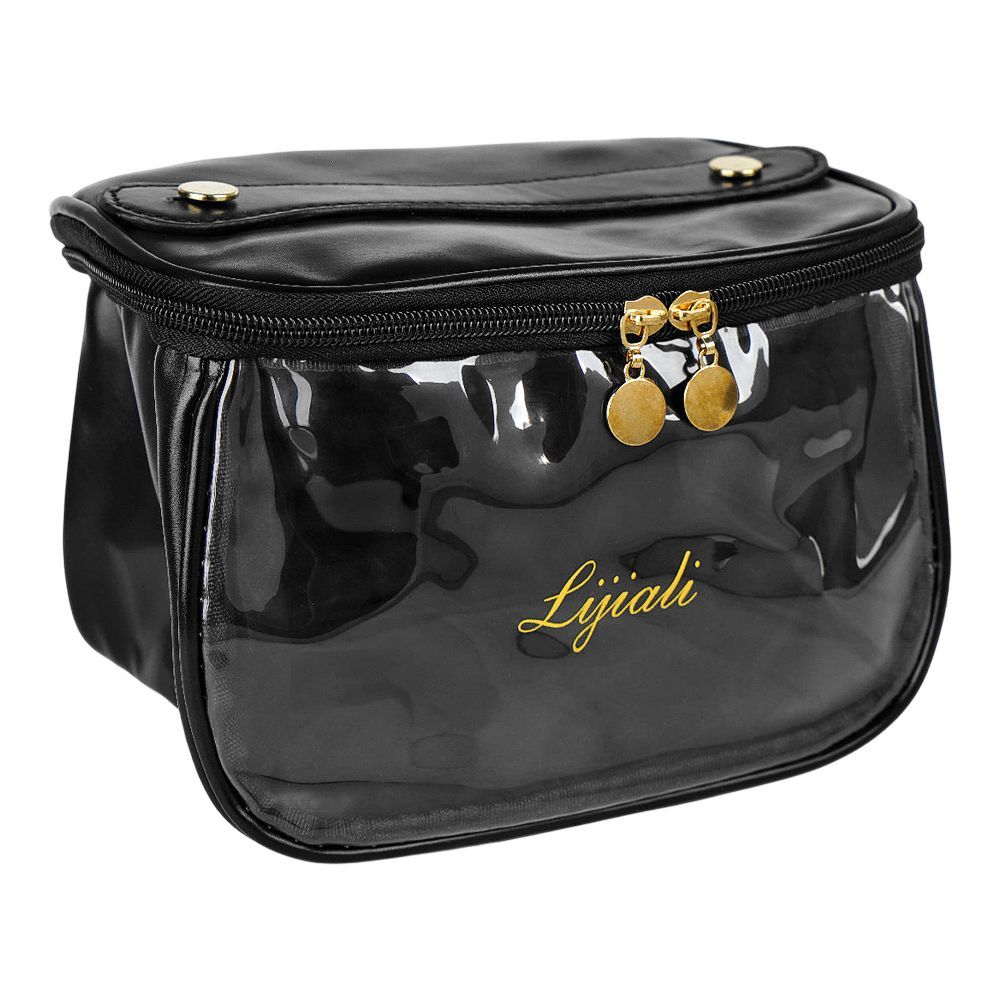 PU Leather Transparent Makeup Bag, Travel Cosmetic Organizer, Black, AF-63 - Front View