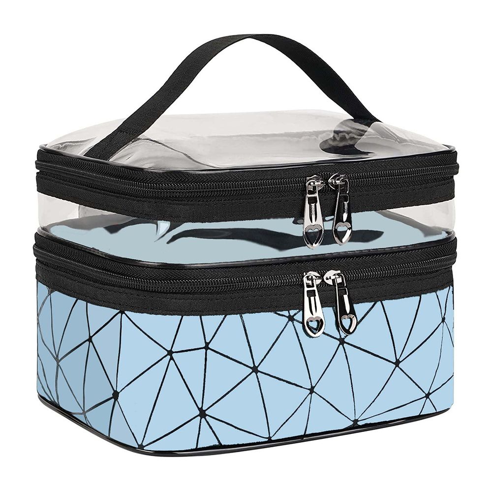 Waterproof Double Layer Zipper Travel Cosmetic Bag, Makeup Organizer & Toiletry Pouch, Blue - Front View