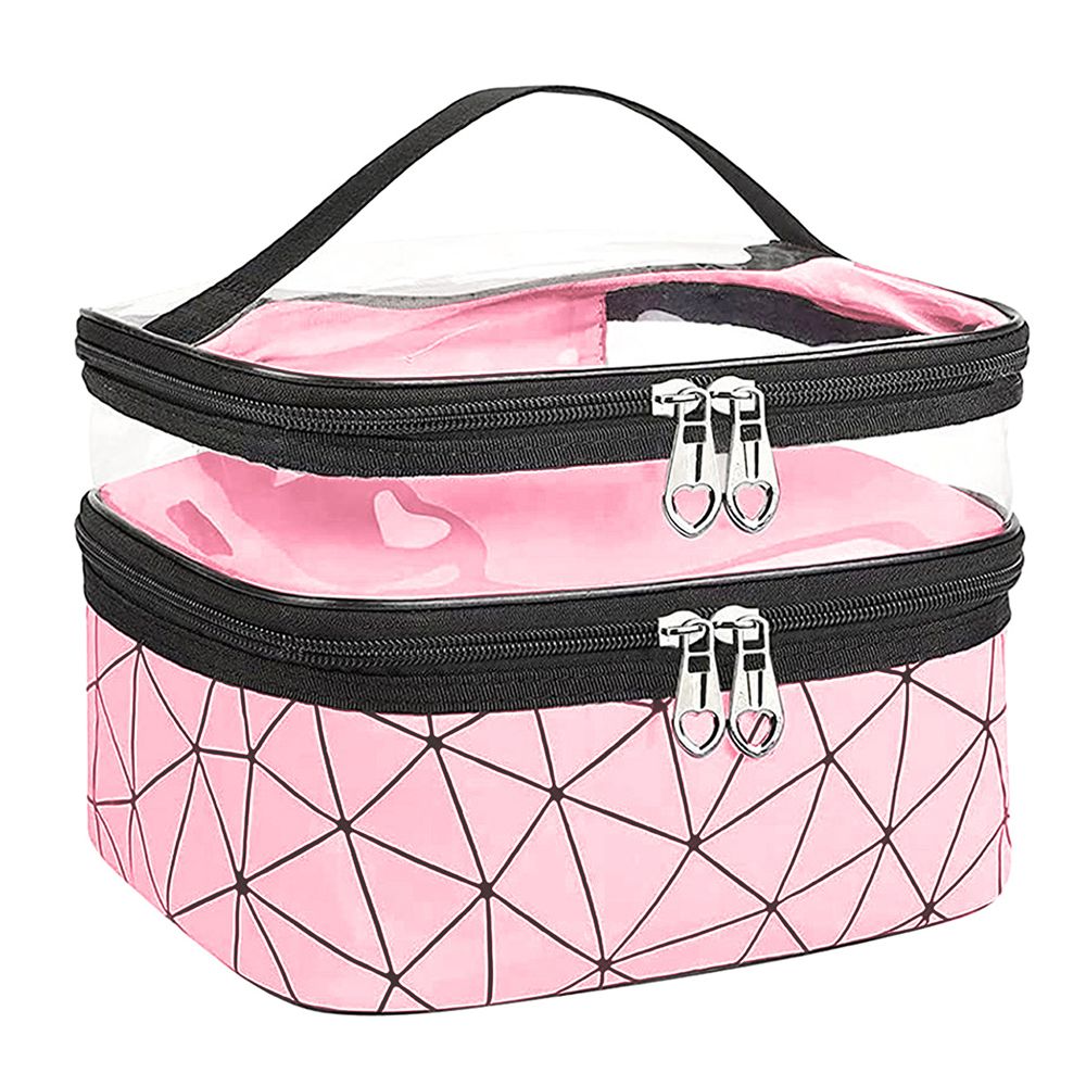 Waterproof Double Layer Zipper Travel Cosmetic Bag, Makeup Organizer & Toiletry Pouch, Pink - Front View