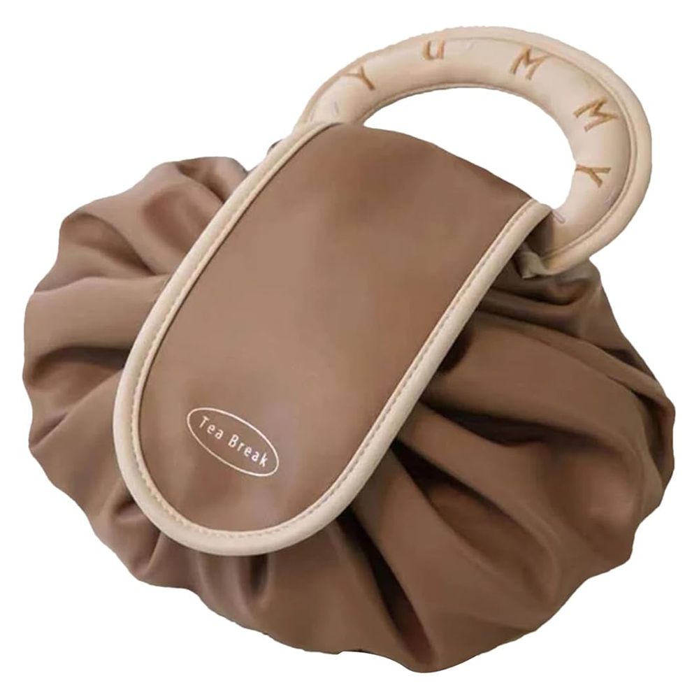 Drawstring Travel Cosmetic Bag, Makeup Organizer & Toiletry Pouch, Brown - Front View