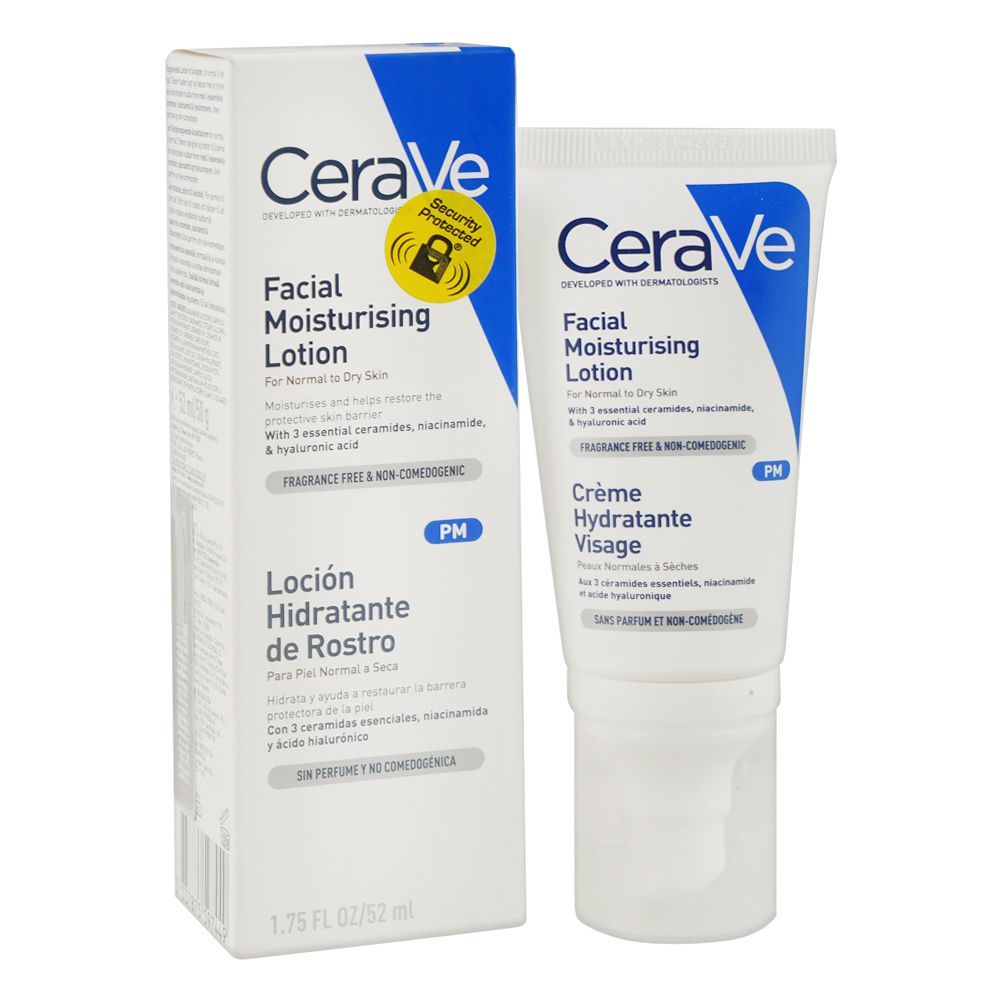 CeraVe PM Facial Moisturizing Lotion with Hyaluronic Acid and Ceramides, For Normal & Dry Skin, 52ml - Front View