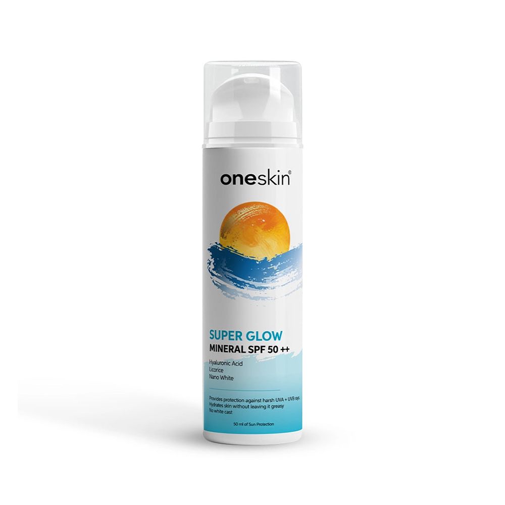 Oneskin Super Glow SPF 50++ Mineral Sunblock with Hyaluronic Acid, Licorice & Nano White, 50ml - Front View