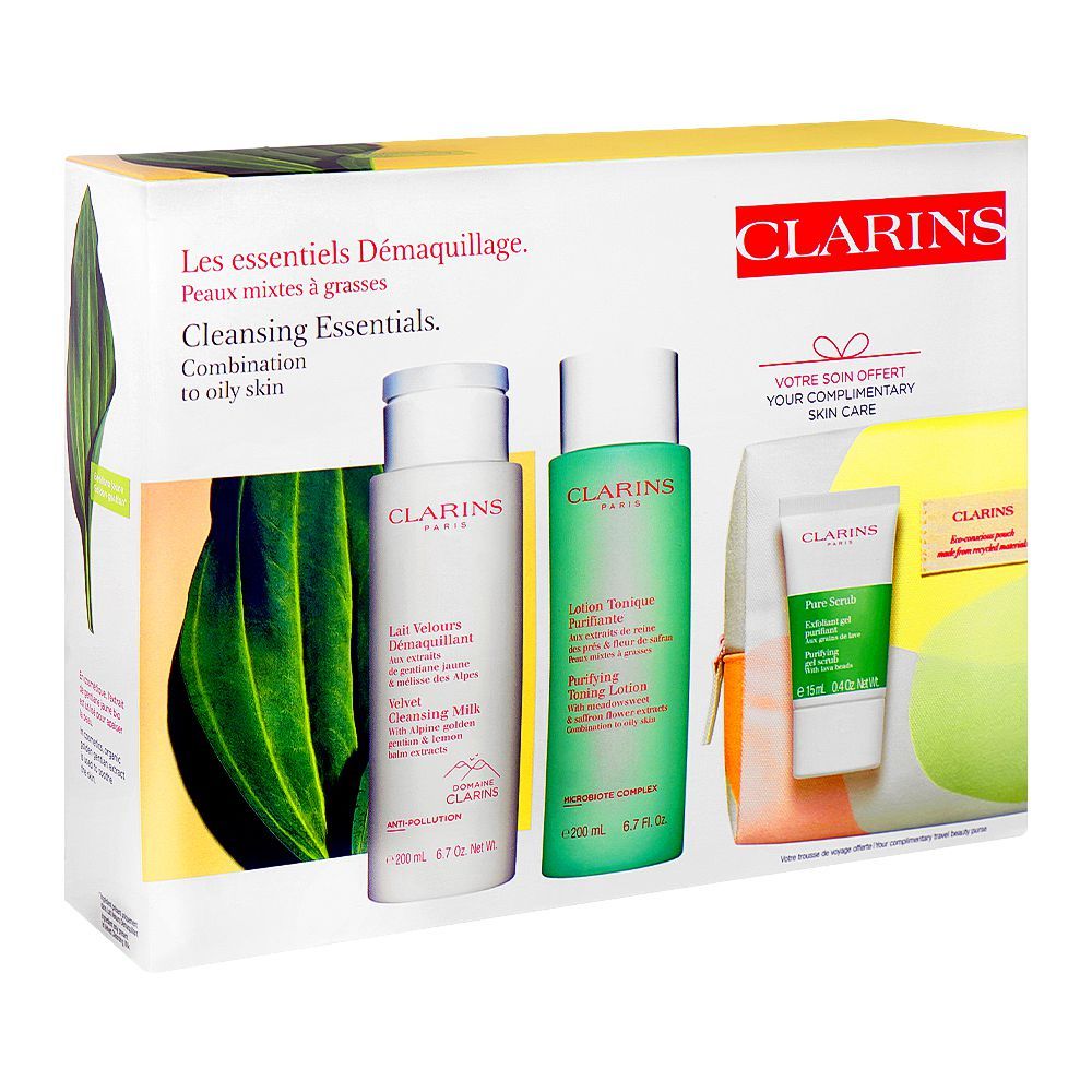 Clarins Paris Cleansing Milk 200ml+Toning Lotion 200ml+Scrub 15ml+Beauty Purse, For Combination & Oily Skin, 4-Pack - Front View