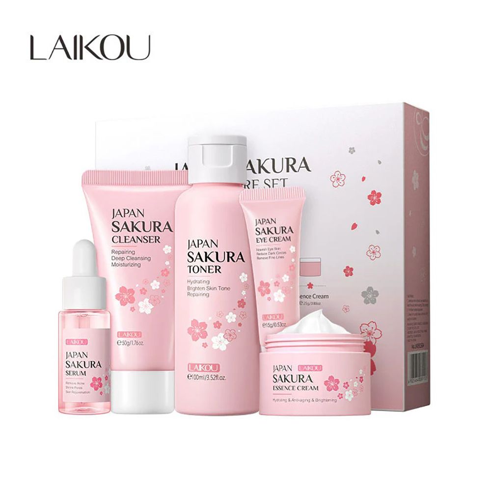 Laikou Sakura Skincare Set with Cleanser, Toner, Serum, Face & Eye Cream, 5-Pack, LK891531 - Front View