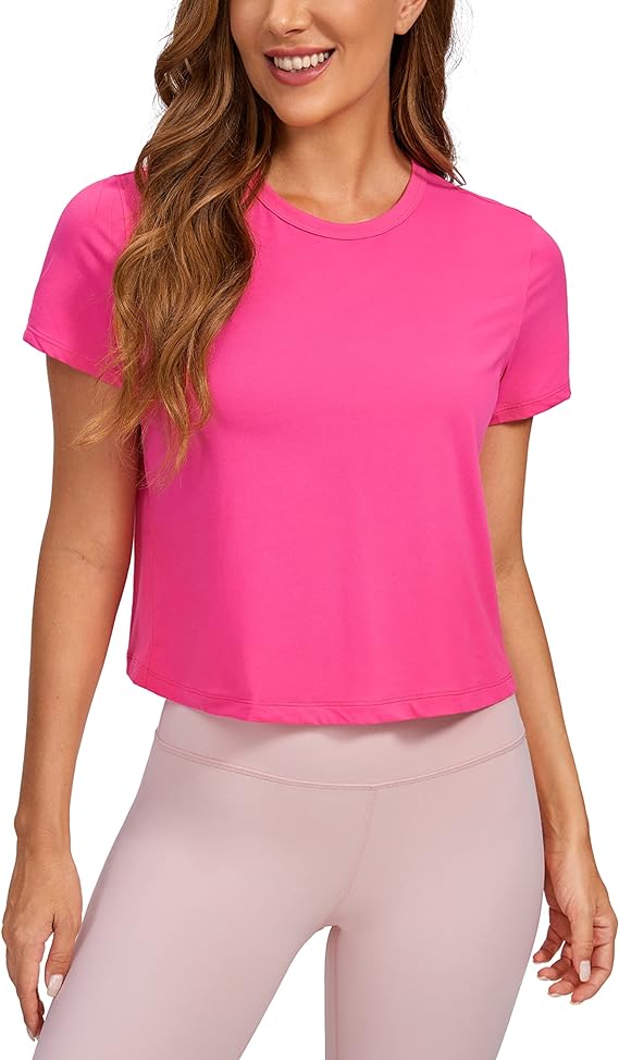 Women's Workout Crop Top T-Shirt Yoga Running Basic Tee Pink - Front View - AceCart