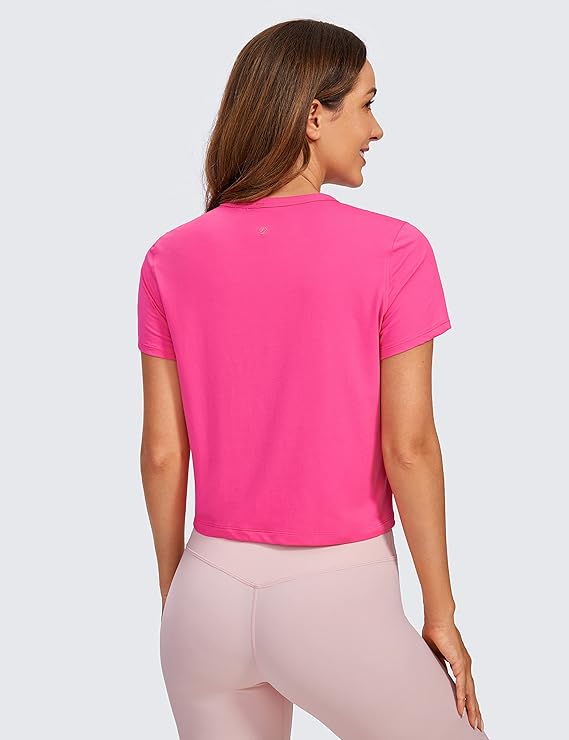 Women's Workout Crop Top T-Shirt Yoga Running Basic Tee Pink - Back View - AceCart