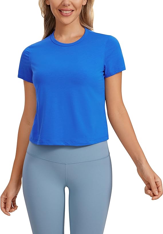 Women's Workout Crop Top T-Shirt Yoga Running Basic Tee Royal Blue - Front View - AceCart
