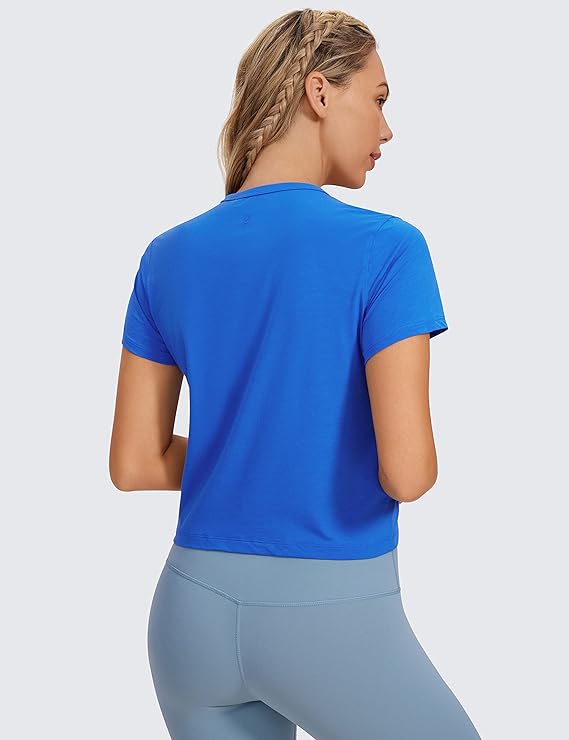 Women's Workout Crop Top T-Shirt Yoga Running Basic Tee Royal Blue - Back View - AceCart