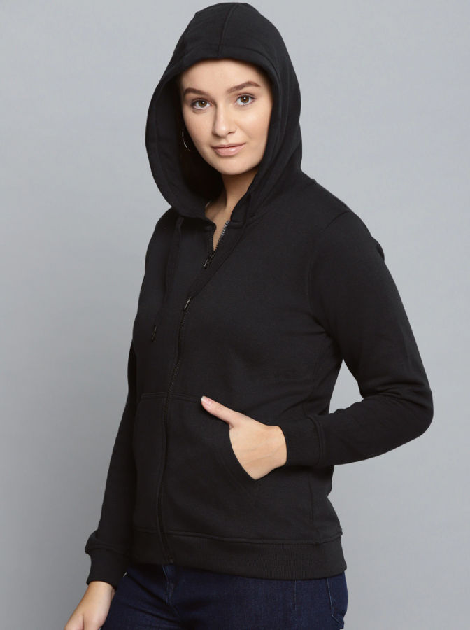 Ace Women Black Solid Hooded Zipper New Edition