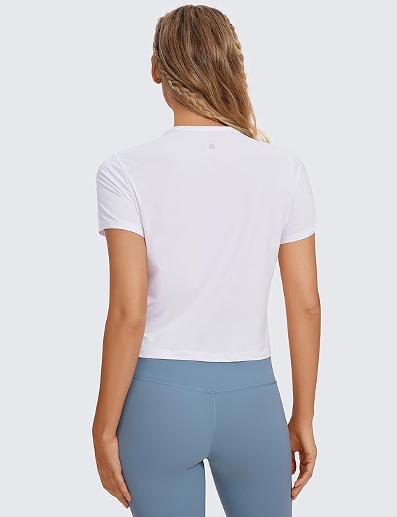 Women's Workout Crop Top T-Shirt Yoga Running Basic Tee White - Back View - AceCart