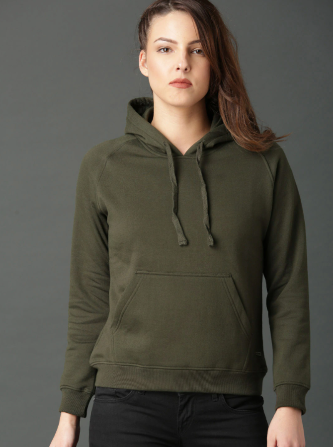 Ace Women Olive Green Solid Hoodie New Edition