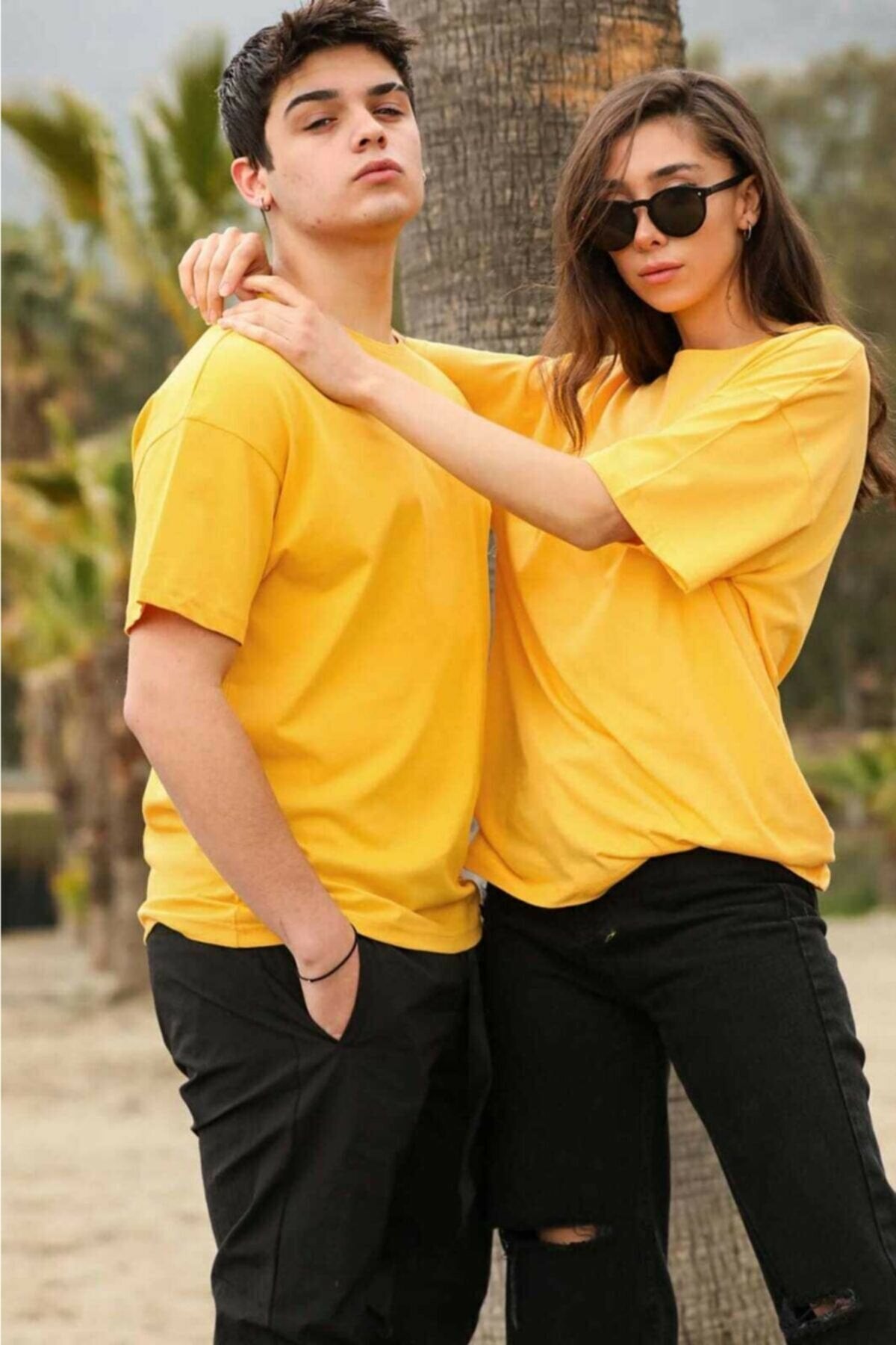 Pack Of 2 Basic Couple T-Shirt Yellow - Front View - AceCart