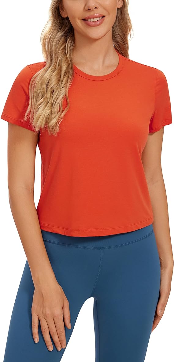 Women's Workout Crop Top T-Shirt Yoga Running Basic Tee Orange - Front View - AceCart