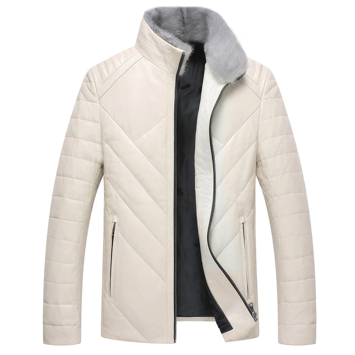 Men’s Off-White Genuine Sheepskin Faux Fur Collar Quilted Shoulders Padded Thick Winter Warm Puffer Leather Jacket - Front View - AceCart