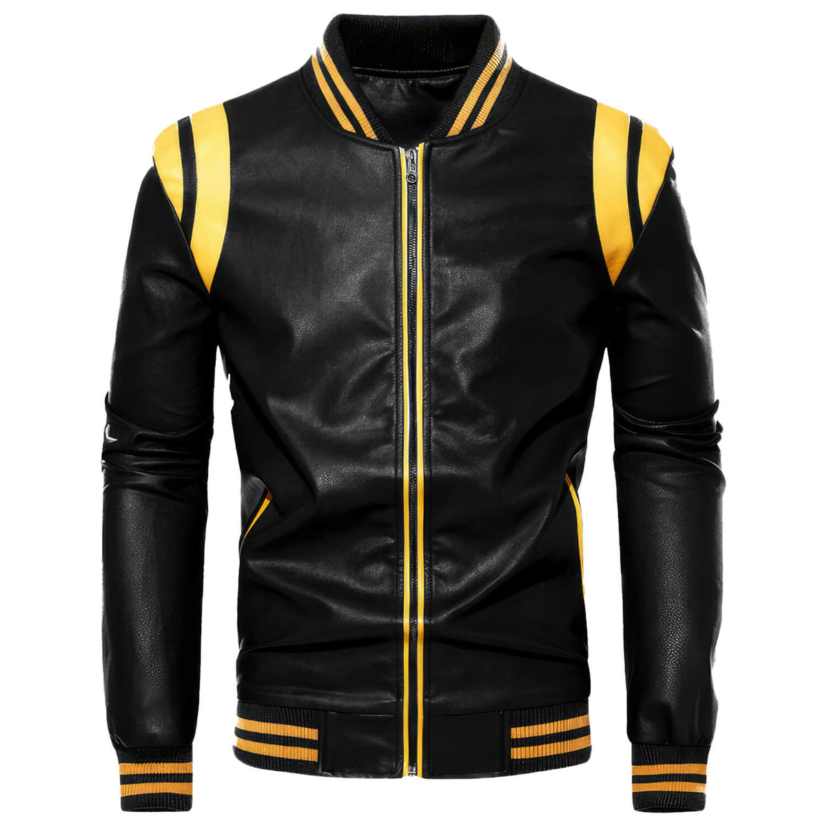Men’s Black Biker Genuine Sheepskin Sporty Slim Fit Yellow Stripes Rib Knit Bomber Motorcycle Rider Leather Jacket - Front View - AceCart