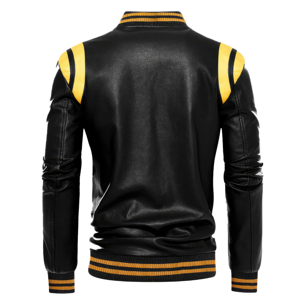 Men’s Black Biker Genuine Sheepskin Sporty Slim Fit Yellow Stripes Rib Knit Bomber Motorcycle Rider Leather Jacket
