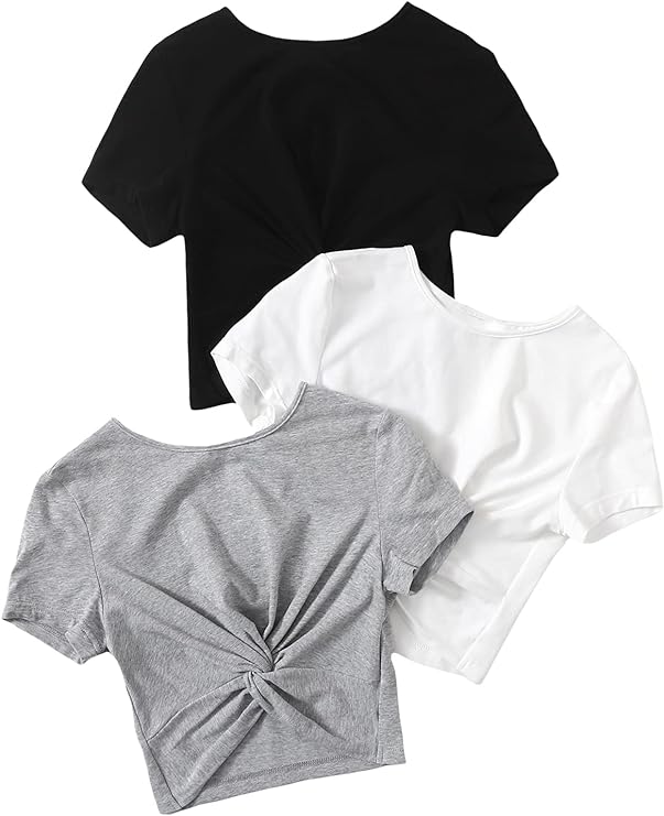 Women's 3 Piece Twist Front Solid Basic Summer Crop T-Shirt Black