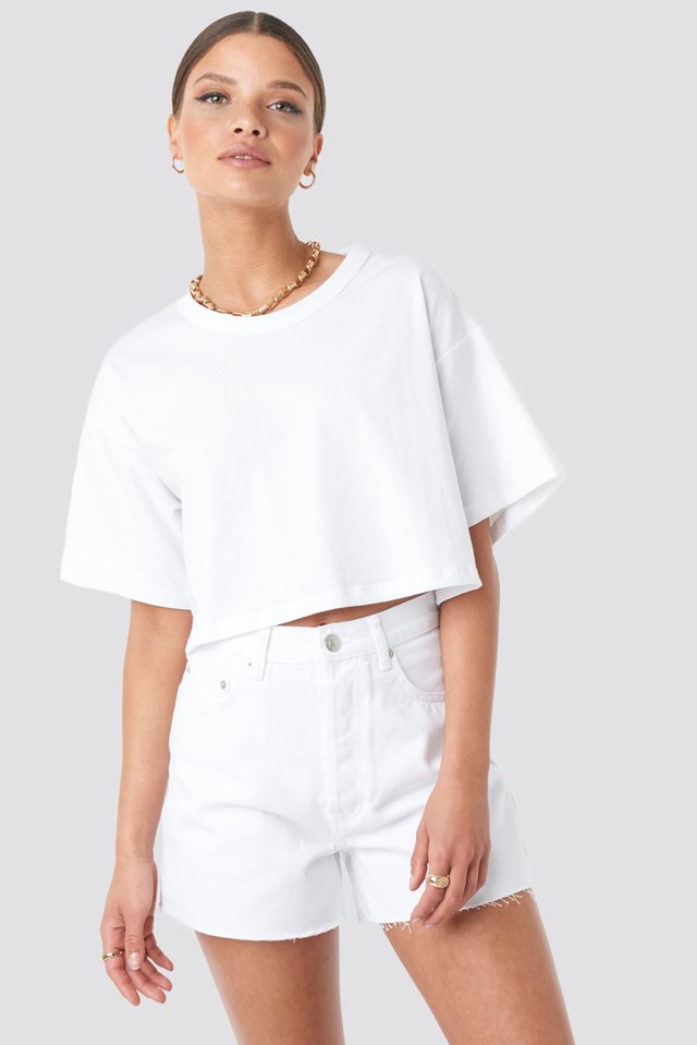 Denim High Waist Shorts White For Womens  - Front View - AceCart