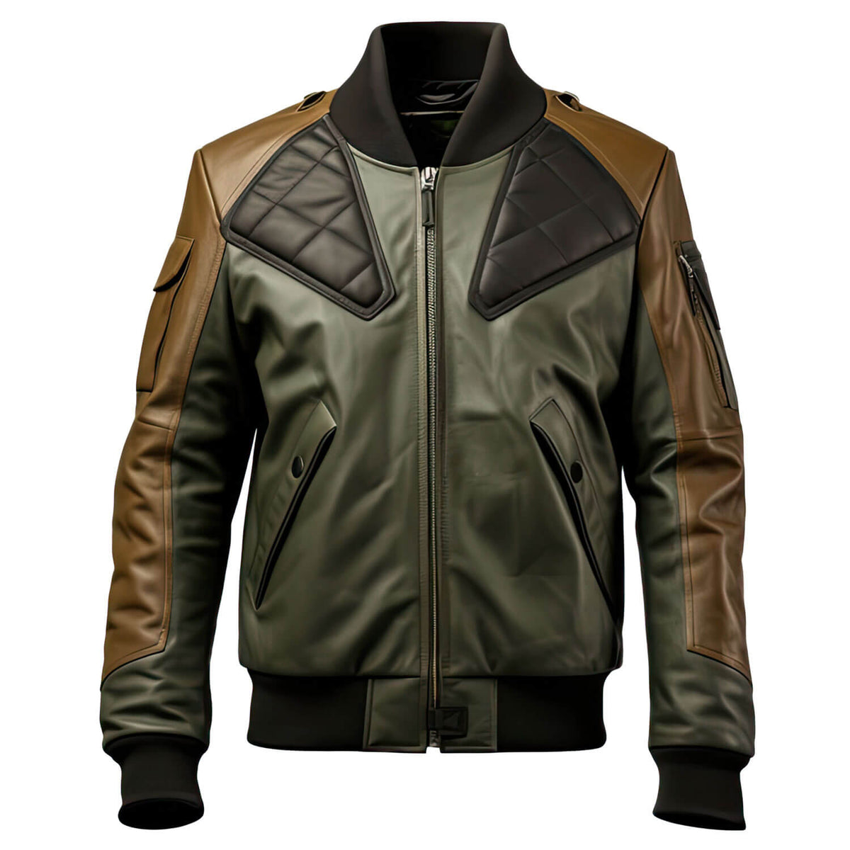 Men’s Olive Green Brown Genuine Sheepskin Baseball Collar Classy Casual Sportswear Bomber Leather Jacket - Front View - AceCart