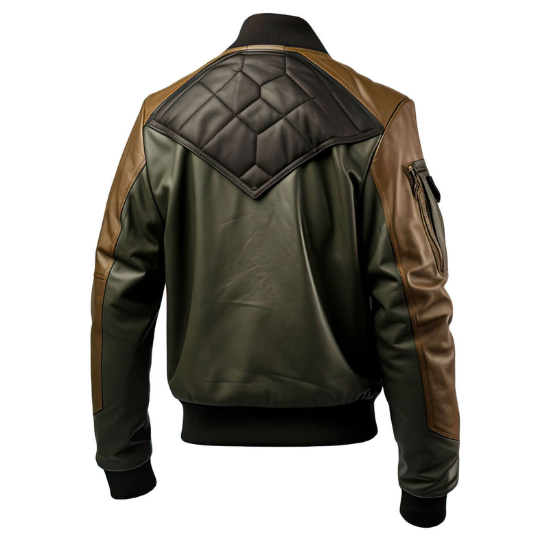 Men’s Olive Green Brown Genuine Sheepskin Baseball Collar Classy Casual Sportswear Bomber Leather Jacket - Back View - AceCart