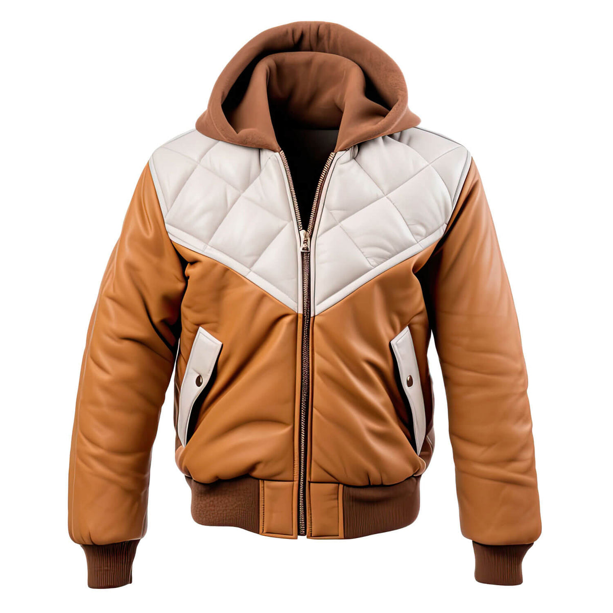 Men’s White Beige Genuine Sheepskin Diamond Quilted Rib Knitted Bomber Zip-up Hooded Stylish Puffer Leather Jacket - Front View - AceCart
