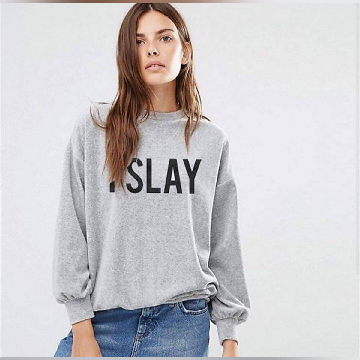 Grey I Slay Fleece Full Sleeves Pull Over Sweatshirt For Women