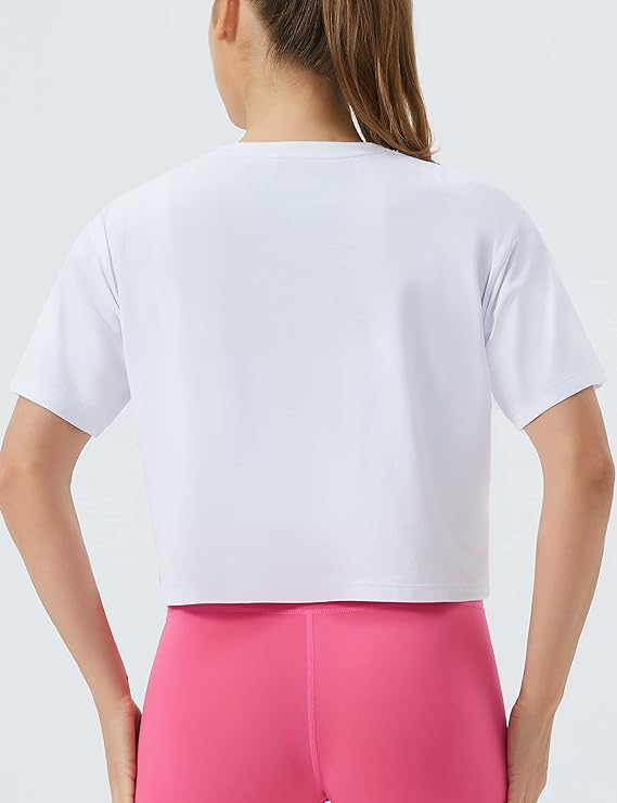 Women's Workout Crop Top T-Shirt Yoga Running Cropped Basic Tee White - Back View - AceCart