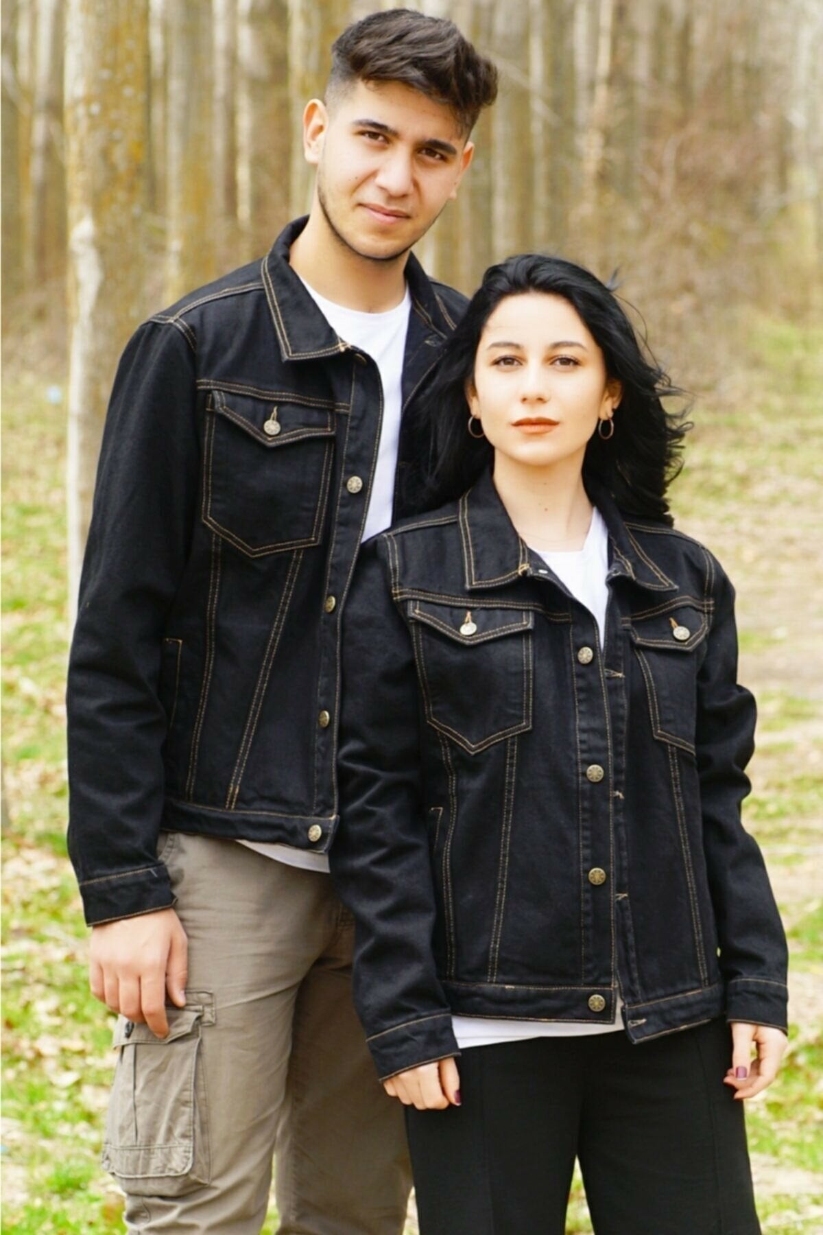 Couple Denim Jacket Black - Front View - AceCart