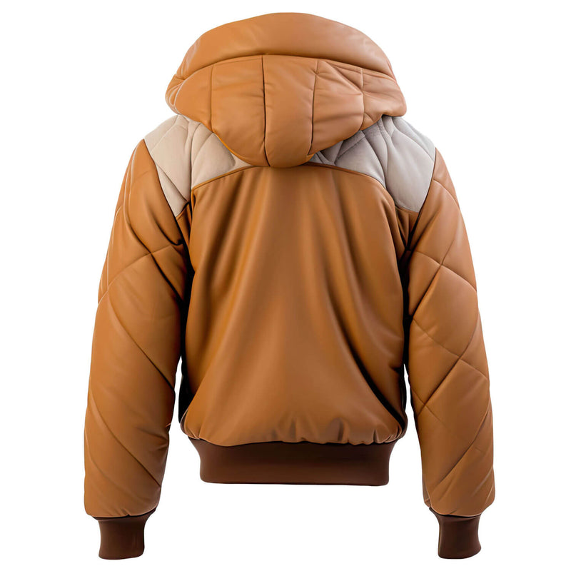 Men’s Brown Beige Genuine Sheepskin Hooded Zip-up Puffer Bomber Casual Rib Knit Soft Leather Jacket - Back View - AceCart