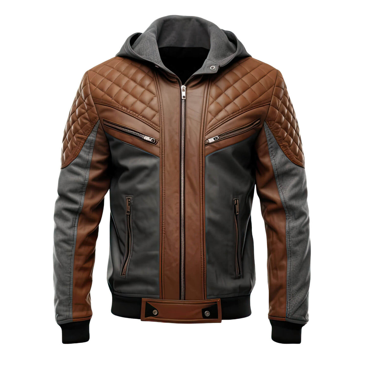 Men’s Charcoal Grey Brown Genuine Sheepskin Diamond Quilted Biker Hooded Stylish Zip-Up Moto Bomber Leather Jacket - Front View - AceCart