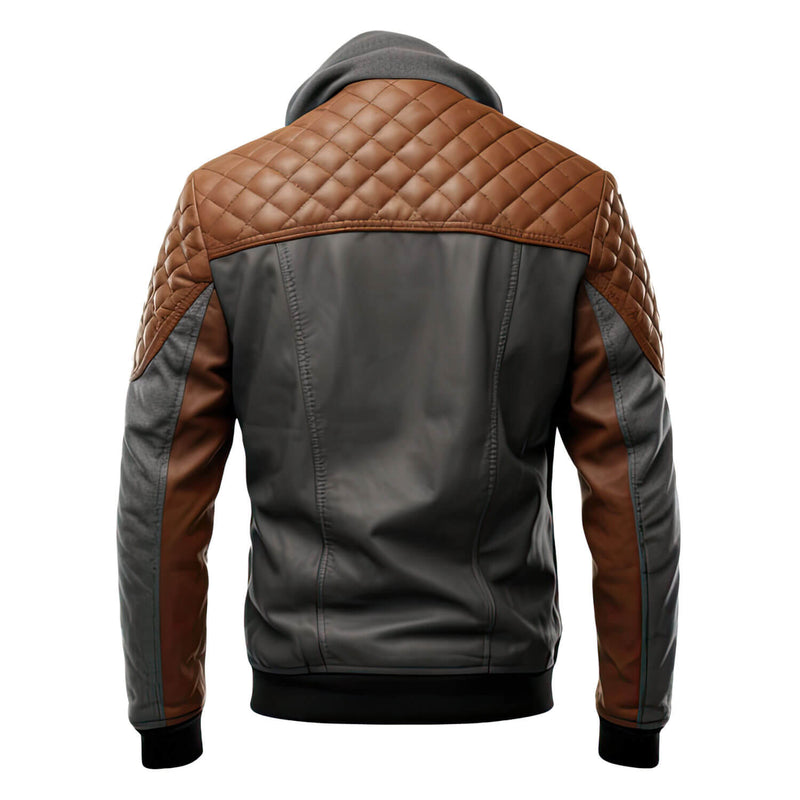 Men’s Charcoal Grey Brown Genuine Sheepskin Diamond Quilted Biker Hooded Stylish Zip-Up Moto Bomber Leather Jacket - Back View - AceCart