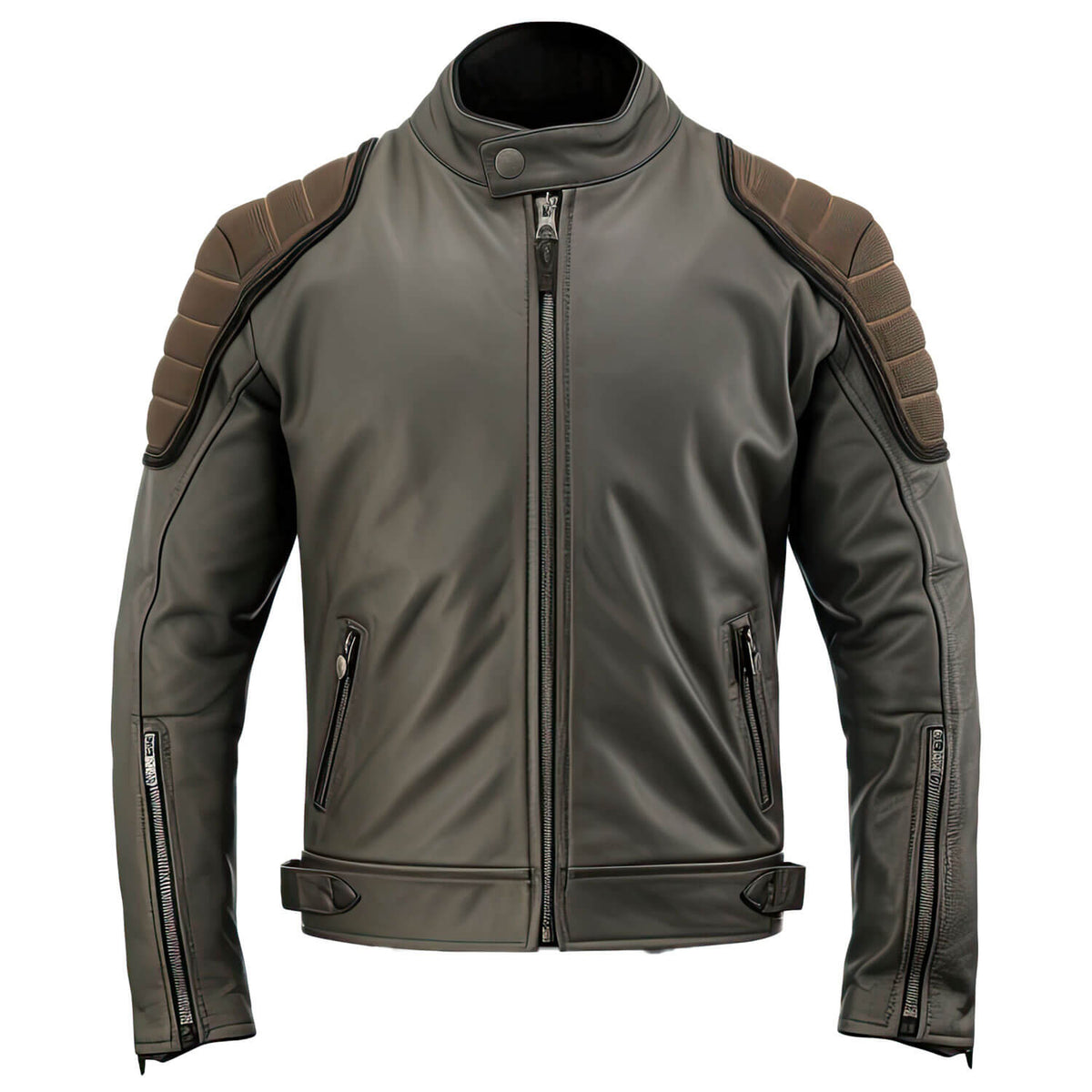 Men’s Charcoal Grey Brown Genuine Sheepskin Classy Stand Collar Moto Multiple Zipper Soft Casual Café Racer Leather Jacket - Front View - AceCart