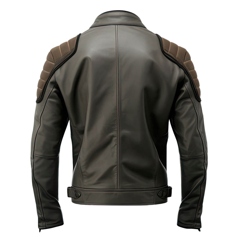 Men’s Charcoal Grey Brown Genuine Sheepskin Classy Stand Collar Moto Multiple Zipper Soft Casual Café Racer Leather Jacket - Back View - AceCart