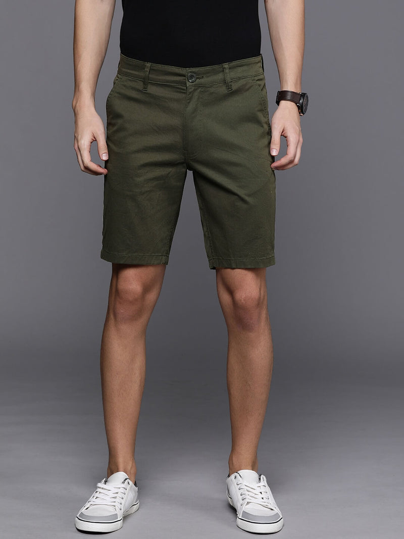 Men Olive Green Solid Slim Fit Chino Shorts - Side View - AceCart