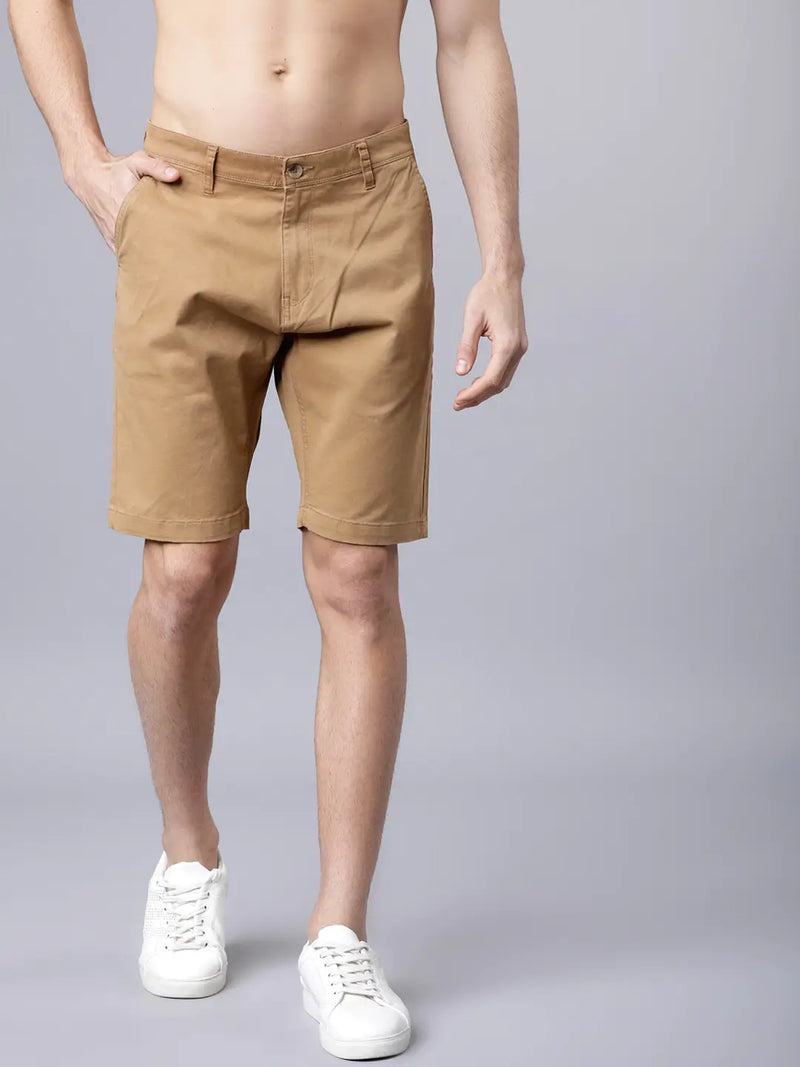 Men Khaki Solid Slim Fit Regular Shorts - Side View - AceCart