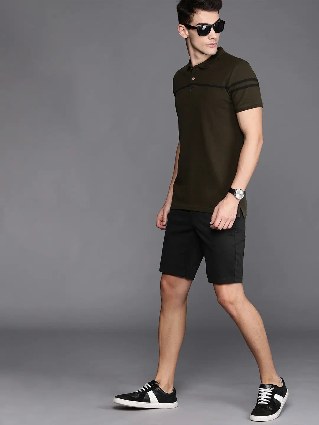 Men Black Slim Fit Solid Chino Shorts - Front View - AceCart