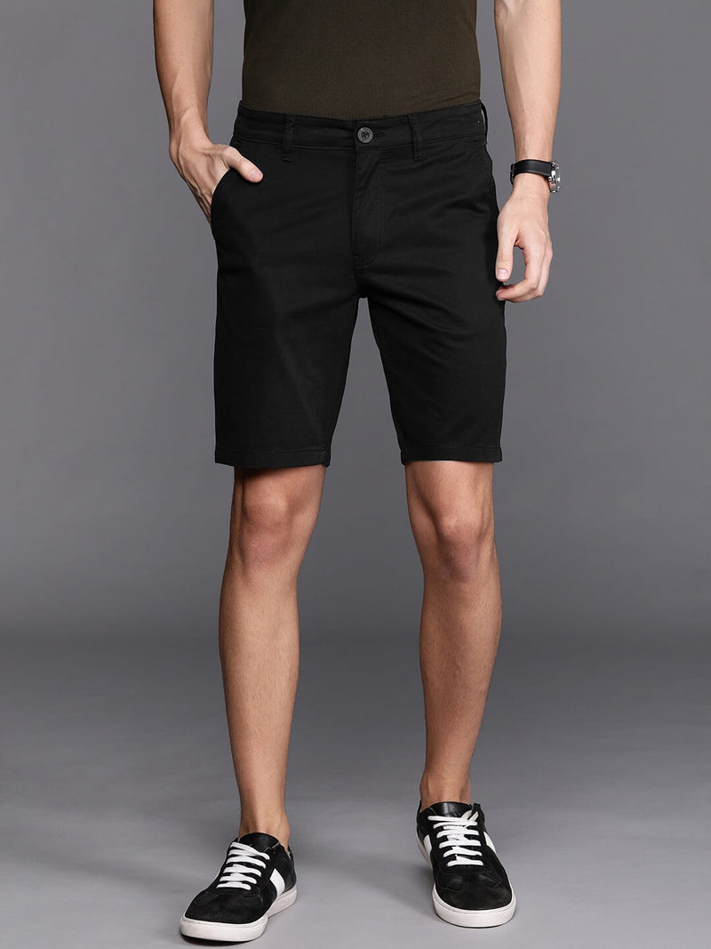 Men Black Slim Fit Solid Chino Shorts - Side View - AceCart