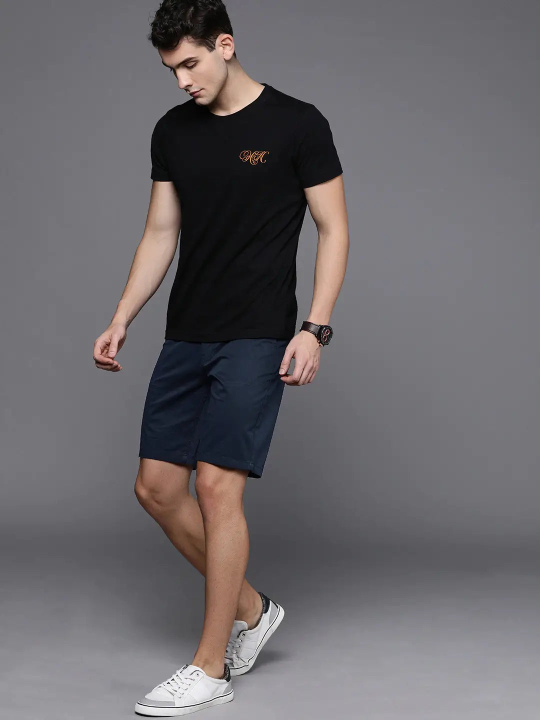 Men Navy Blue Solid Slim Fit Chino Shorts - Front View - AceCart