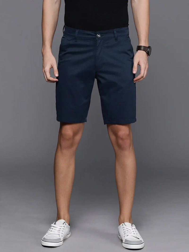 Men Navy Blue Solid Slim Fit Chino Shorts - Side View - AceCart