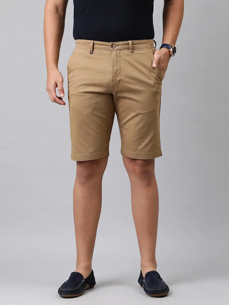 Men Khaki-Coloured Solid Slim Fit Regular Shorts - Side View - AceCart
