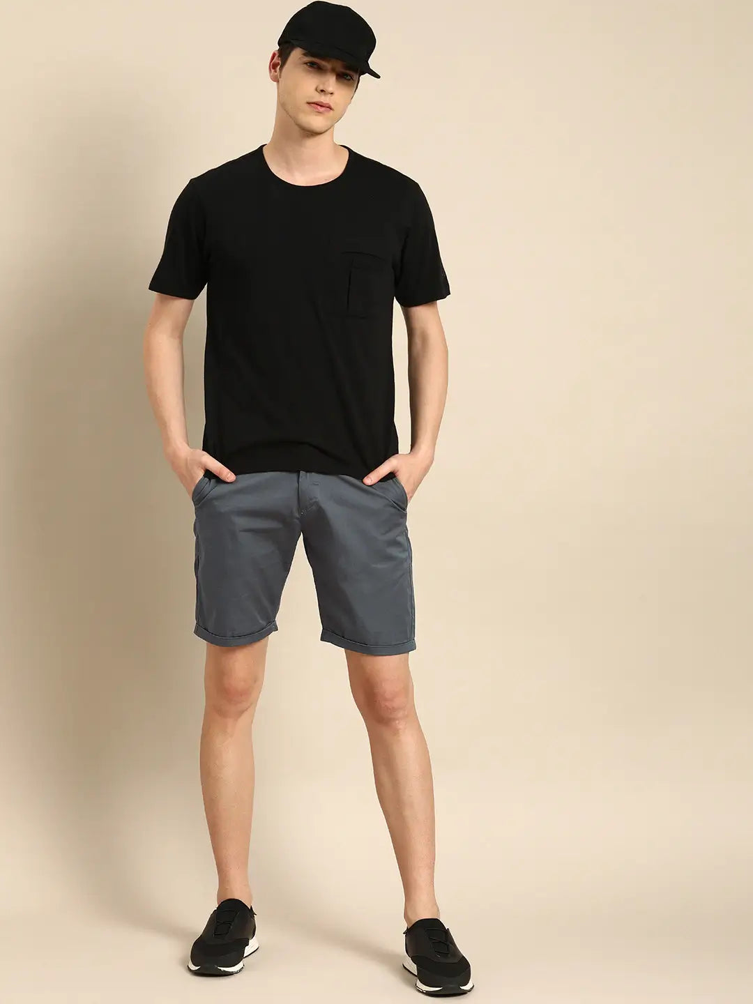 Men Charcoal Gray Solid Slim Fit Chino Shorts - Front View - AceCart